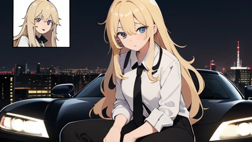 girl, blond, long hair, messy, black eyes, white shirt and black tie, black pantaloon high quality, tired, best quality, any anime art style, manga style, anime blond haired girl sitting at a car's hood, koenigsegg jesko absolut, tokyo city background, night time, 1k resolution, perfect face