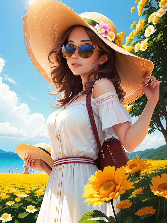 A woman wearing a hat and sunglasses stands among flowers, Wearing a travel hat, In sunny weather, Shot with Canon EOS 5D Mark IV, On a sunny day, Wear a wide-brimmed sun hat, There are flowers, under the sun, Photos taken with Canon 5d, Shot with Leica SL2, woman among flowers, On a sunny day