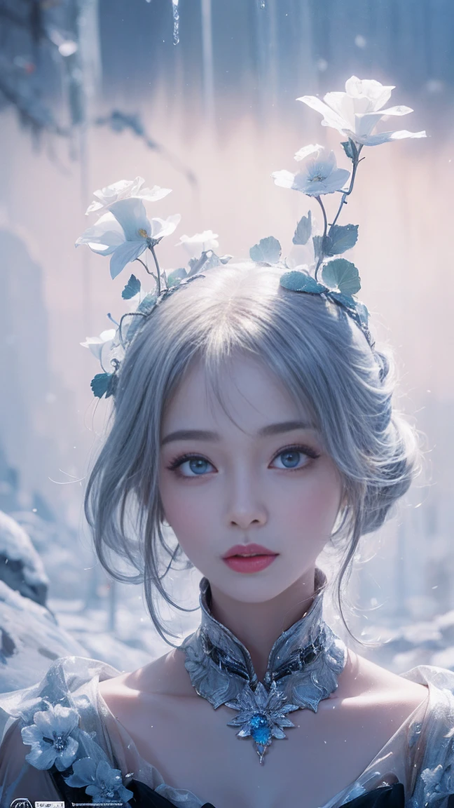 (((masterpiece))), highest quality, figure, 4k wallpaper, Cinematic Light, Absurd, One girl,(snow,ice), Snow Flower, In winter, Gray Hair, Shiny Hair, Wavy Hair, Transparent clothes, Frills, race, Wet clothes, off_shoulder, Hair Scrunchie,masterpiece, telescope lens, Absurd, Graceful featureovie Posting，Poster composition，Strike a pose gracefully，classical，Natural light，Soft Light，（7 Doppelgangers） ，amazing，Dreams are magical，Mysterious、???????, I see the flowing notes