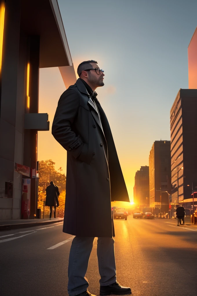 george pei, masterpiece, best quality, highres, upper body shot, ((wide angle)), zoom out, middle-aged man, round face, macho, daddy, beefy, burly, hairy, manly, really tall, wearing a smooth silk black trench coat, grey shirt, wearing glasses, standing in the middle of a New York's crossroad, standing in the center of the shot, smoking a cigarette, blowing smoke out from the mouth, looking up to the sky, hands in the pockets, (sunset), afternoon, golden hour, golden sky color, dark buildings in the background, incredible composition, HDR, volumetric lighting, shadows, beam of sunlight shinning on the streets, seen from the side, aesthetic