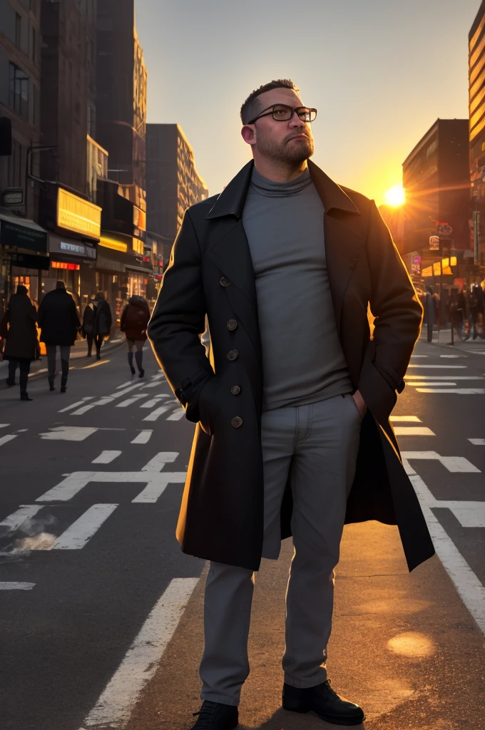 george pei, masterpiece, best quality, highres, upper body shot, ((wide angle)), zoom out, middle-aged man, round face, macho, daddy, beefy, burly, hairy, manly, really tall, wearing a smooth silk black trench coat, grey shirt, wearing glasses, standing in the middle of a New York's crossroad, standing in the center of the shot, smoking a cigarette, blowing smoke out from the mouth, looking up to the sky, hands in the pockets, (sunset), afternoon, golden hour, golden sky color, dark buildings in the background, incredible composition, HDR, volumetric lighting, shadows, beam of sunlight shinning on the streets, seen from the side, aesthetic