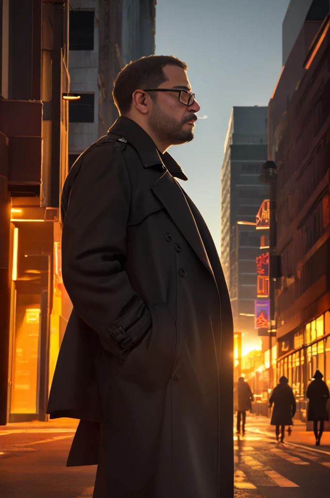 george pei, masterpiece, best quality, highres, upper body shot, ((wide angle)), zoom out, middle-aged man, round face, macho, daddy, beefy, burly, hairy, manly, really tall, wearing a smooth silk black trench coat, grey shirt, wearing glasses, standing in the middle of a New York's crossroad, standing in the center of the shot, smoking a cigarette, blowing smoke out from the mouth, looking up to the sky, hands in the pockets, (sunset), afternoon, golden hour, golden sky color, dark buildings in the background, incredible composition, HDR, volumetric lighting, shadows, beam of sunlight shinning on the streets, seen from the side, aesthetic