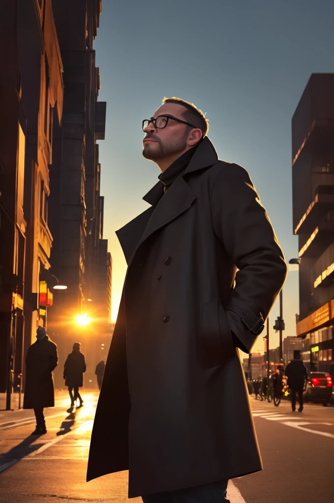 george pei, masterpiece, best quality, highres, upper body shot, ((wide angle)), zoom out, middle-aged man, round face, macho, daddy, beefy, burly, hairy, manly, really tall, wearing a smooth silk black trench coat, grey shirt, wearing glasses, standing in the middle of a New York's crossroad, standing in the center of the shot, smoking a cigarette, blowing smoke out from the mouth, looking up to the sky, hands in the pockets, (sunset), afternoon, golden hour, golden sky color, dark buildings in the background, incredible composition, HDR, volumetric lighting, shadows, beam of sunlight shinning on the streets, seen from the side, aesthetic