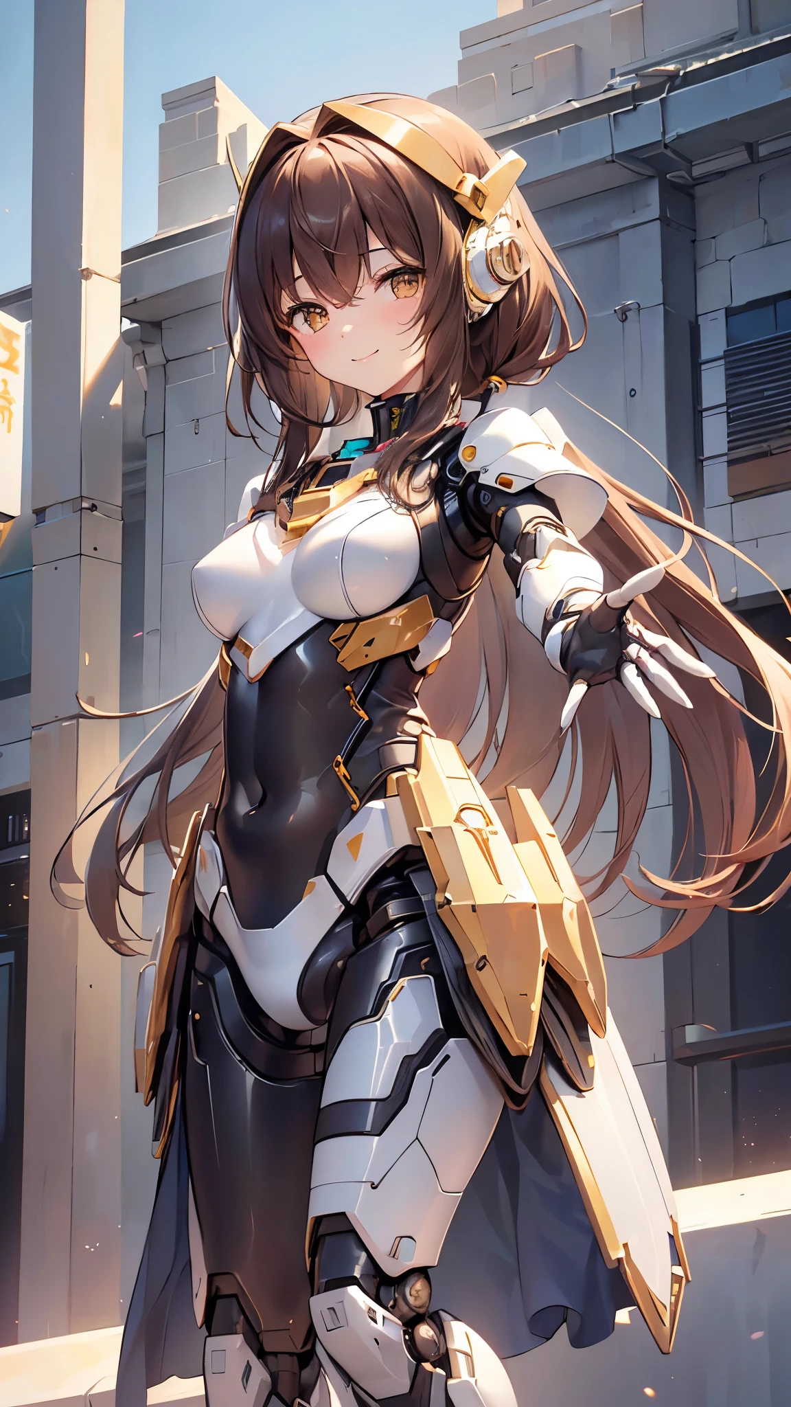 最high quality、Best image quality、masterpiece、Mecha Girl((18-year-old、Arm and leg armor、Robot Joints,(barefoot),Bust 85、Brown Hair、Close to the audience、Staring at the audience、Chest energy、Spread your chest wide,Reaching out、Brown eyes、A shy smile、Tinting the Cheek))high quality、Depth of written boundary、depth、(Overexposure)、