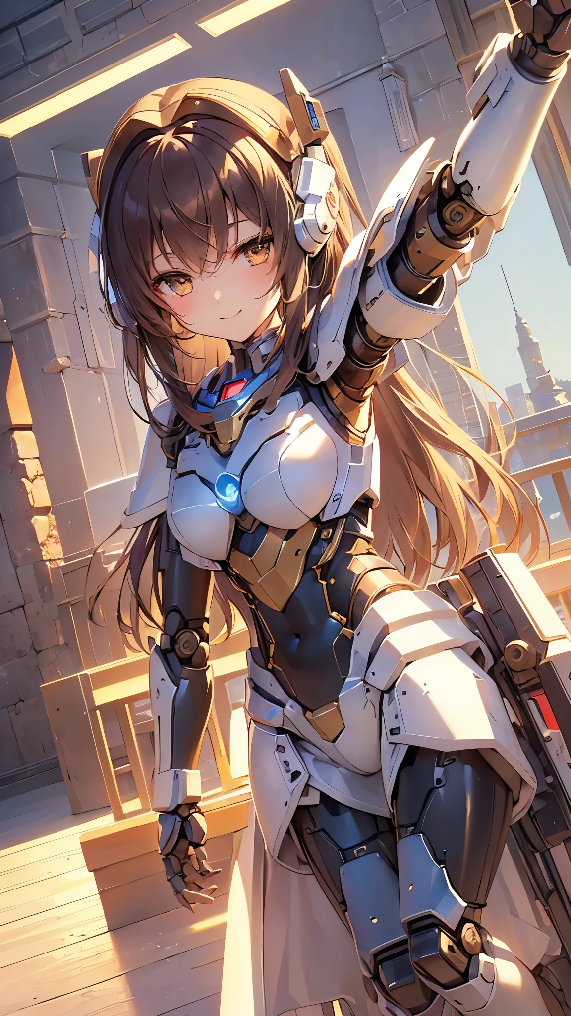 最high quality、Best image quality、masterpiece、Mecha Girl((18-year-old、Arm and leg armor、Robot Joints,（barefoot）,Bust 85、Brown Hair、Close to the audience、Staring at the audience、Chest energy、Spread your chest wide,Reaching out、Brown eyes、A shy smile、Tinting the Cheek)）high quality、Depth of written boundary、depth、（Overexposure）、