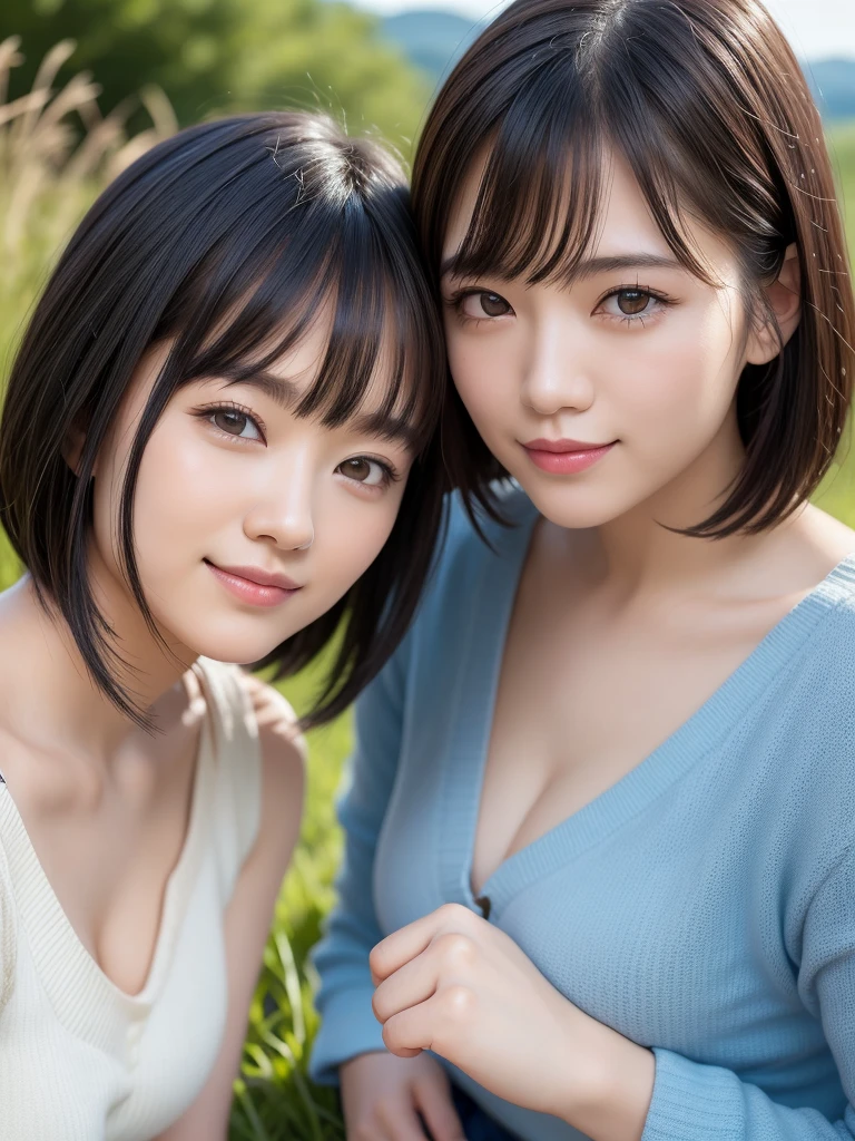 (highest quality:1.5)、(Realistic:1.5)、(1 person:1.5)、(Upper Body:1.5)、Very detailed、High resolution、8k wallpaper、、Small breasts、Natural color lips、Cute Smile、Japanese women、20-year-old girl、Beautiful and elegant face、Perfect and beautiful face、Big eyes、Brunette eyes、Beautiful and elegant face、Natural double eyelids、Natural Bangs、Beautiful thin nose、Beautiful Skin、Chestnut Hair、Medium Bob Hair、Short Hair、Natural Bangs、Perfect and beautiful face、Slim face and figure、(Looking at the camera with a cute expression)、Bright lighting、Professional Lighting、Forward lighting、Cute Smile、Summer blue sky、Grass park on the mountain、Look at the viewers、Low-angle composition、(Staring at the camera with a cute expression)、(Lighting the face)、Bright lighting、Professional Lighting、Forward lighting、Cute Smile、Beautiful clavicle、Beautiful feet:1.2、Smooth Skin、Beautiful cleavage、Floral Dresit on the grass、wariza, Put your hands on your thighs、Beautiful thighs、Sit down、Leaning forward、Shots from low angles、Girl sitting、seiza、