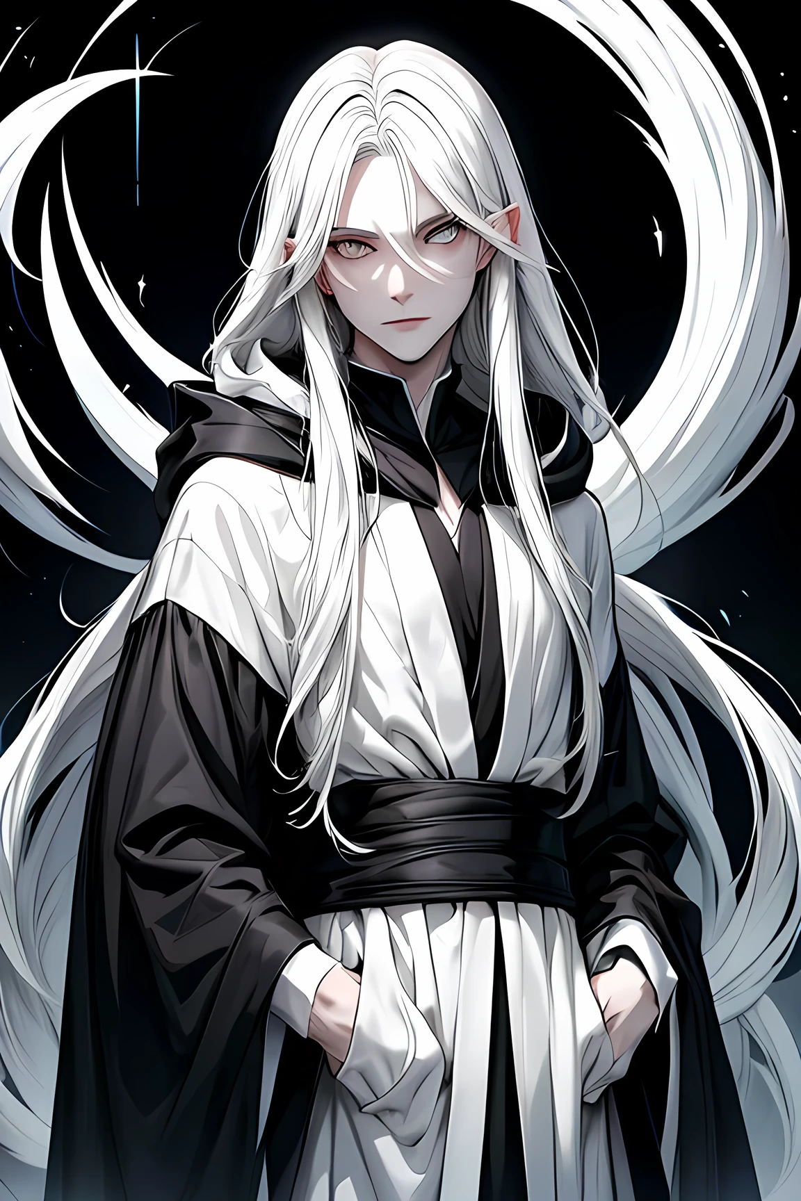 guy with long straight white hair,absolutely white eyes without pupils,in a black robe and hood,in black and white style,without pupils,30 years old,absolutely white skin,white eyes,sorcerer,perfect face,white eyes,perfect quality,white hair white skin white eyes,black and white style