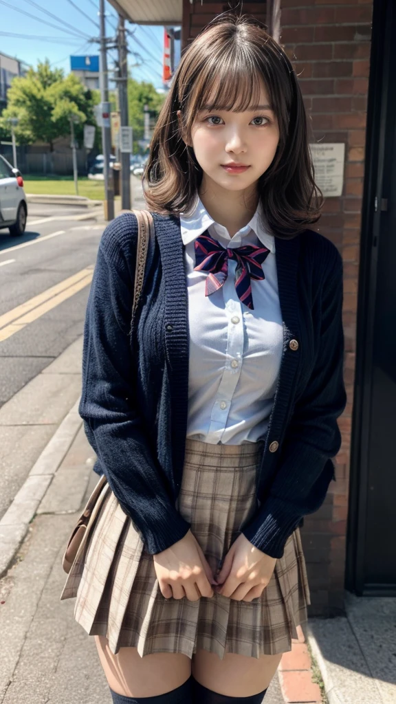 muste piece, best quality, illustration, Super detailed, fine details, High resolution, 8K,wall paper, perfect dynamic composition,(Details High quality, realistic depiction of eyes:1.3), short hair, (wavy hair:1.2), Layered Cut, High School Classroom、High school girl uniform、Cardigan、Super Short Check Uniform Skirt、Navy blue high socks、garterbelts、Colossal tits、Disturbed uniform、, black hair color, Big Natural Color Lip, bold sexy pose, (perfect body shape), crying a little、cold gaze, Harajuku style、20 year old girl、cute type, beautiful legs, hposing Gravure Idol, Voluptuous thighs