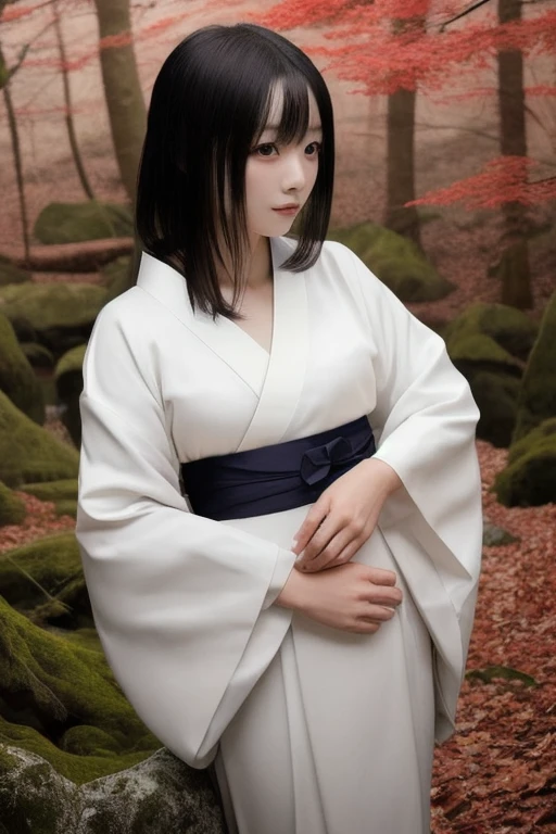 Beautiful Japanese woman in a white kimono, nightの青木ヶ原樹海を歩く, Flowing black hair,Beautiful Eyes, Mysterious Forest, Horror photorealism style, night, There is no way, There is earth under my feet