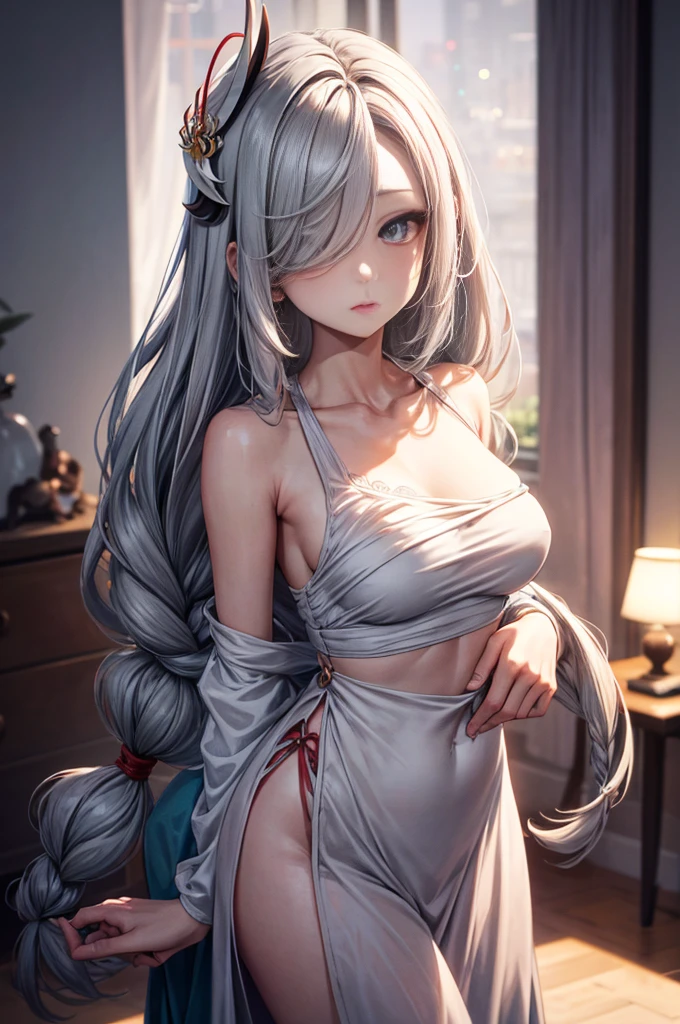 ShenheV4, Shenhe wearing baggy tshirt, pyjama, (pixiv:1.2), (solo:1.1), (mature woman), beautiful face, (detailed eyes), symmetric eyes, (thin lips), (long hair, grey hair, braid, hair over one eye, hair ornament), (beautiful round breasts), neckline, voluptuous body, slim waist, (masterpiece, best qualty), soft ambient lighting, standing, front view, vivid colors, bedroom, (stuff toys), looking at the viewer, slim waist, HD, 8K, vivid colors, intricate, bokeh (absurdres:1.2), bokeh, ((detailed face))