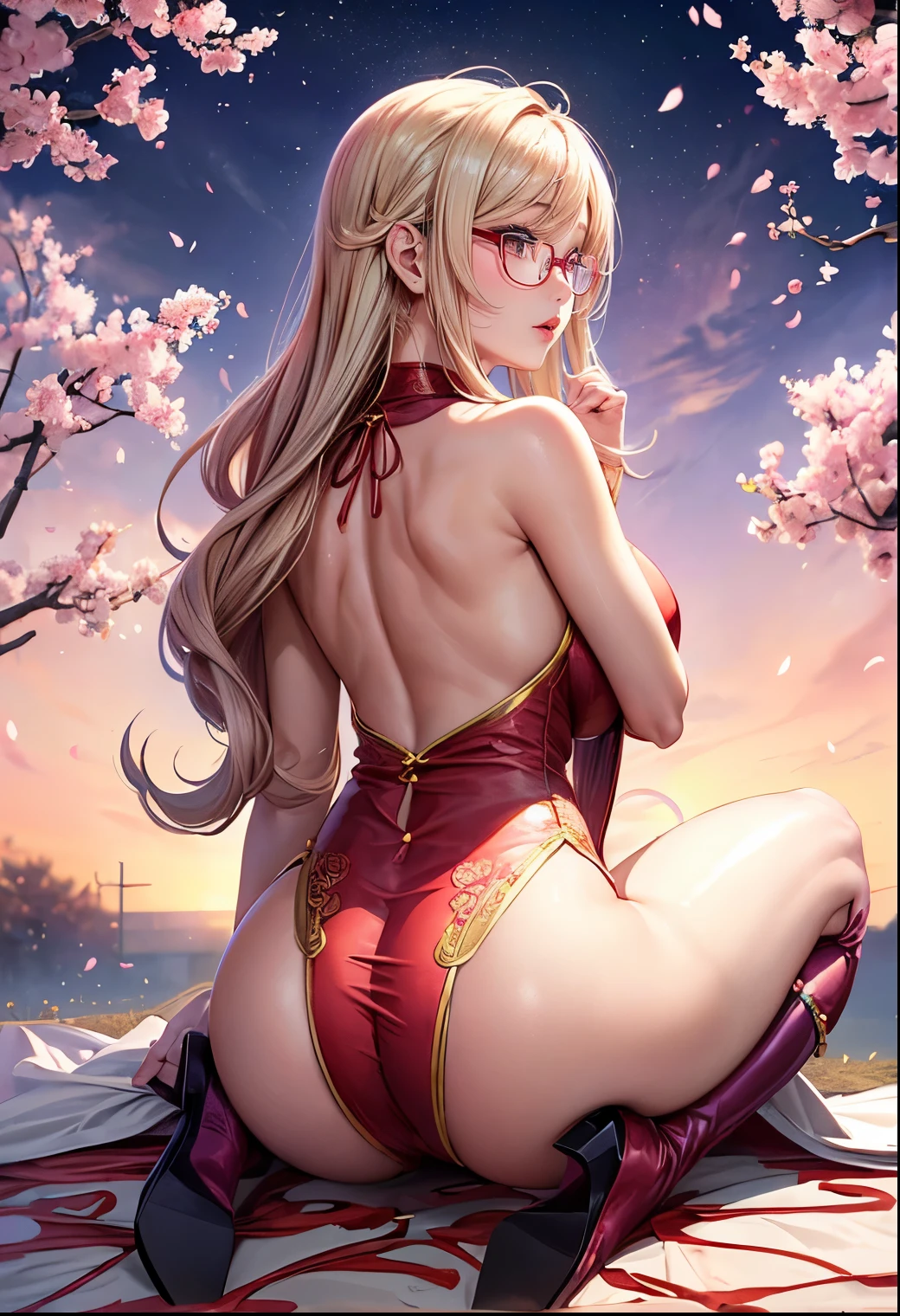 Chinese idol girl Mature Woman Blonde wavy hair with bangs (Bright red rouge lips) Super big boobs Chubby Plump Super big butt Wet ass ((Rimless glasses)) Big eyes SakuraFubuki ((Gorgeous super shiny purple long cheongsam)) ((Knee-high boots)) garter belt 8K Photorealistic ((Cherry tree in full bloom)) (A large amount of falling cherry blossom petals) ((Sunrise at dawn)) ((Sit with your back to the camera)) ((Back view of a person sitting upright)) ((Turn around and make eye contact)) bedroom