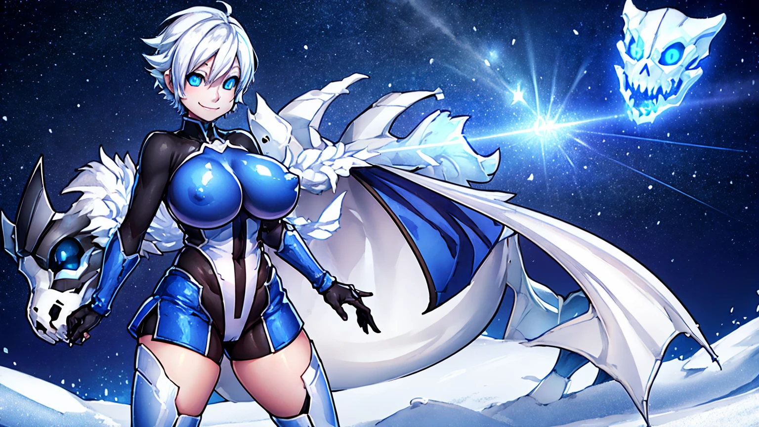 Toby Fox Undertale Sans blue jacket white shirt,Fire eyes skull smile white short hair glowing sexy dragon skull cannon one standing in the snow town Femininefull big breast breast enlargement full-body shot illustration, ultra-detailed, HDR, vibrant colors, soft lighting