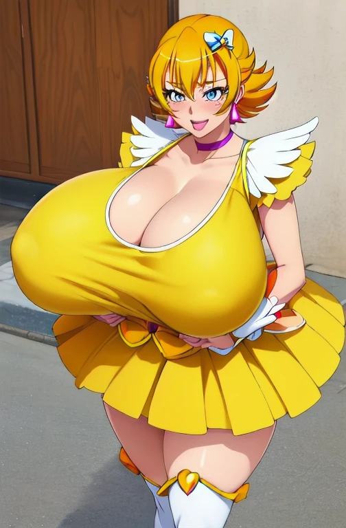 high quality, Very detailed, 最high quality, Very detailed, beautiful, masterpiece,(Realistic:1.5),photoRealistic,(hyperRealistic:1.2),(Aino Megumi / A wonderful cure | Happiness Charge Pretty Cure!) (Huge breast6),(Igawa Sakura mature,super ful girl:1.4)(at last:1.4)(Sensual:1.4)(Deelley:1.4)(take up:1.4)Thick thighs,Wide Hips,Are standing,Dynamic pose,(illfit street clothing:1.3)(Skin dents:1.3),(phoalistic face:1.2),(1 girl:1.4),(hair:1.4),最high quality, 1 girl, (street:1.3),Outdoor,Dynamic pose,smile,Lips parted,Looking at the audience,Sharp focus,(8k), (4K), (masterpiece), (最high quality), Very detailed, Complex, Very detailed, (Perfect Face), shape,(expensive:1.5),(Slim and Thick Slut 2.0),Swollen lips, Black painted lips, Thick lips, Wide Hips, Thick thighs, Huge round ass,邪evilなsmile,evilい顔,Glaret angry,False eyelashes,分Thick lips,Ahegao,evil ,超beautiful顔,Narrow eyes,卑猥なsmile,(Yellow Precure Costume:1.5),