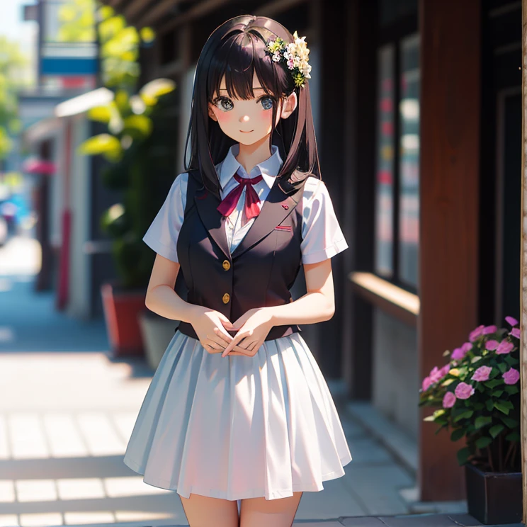 masterpiece, highest quality, One Girl, Thighs, beautiful girl, Flowers, たくさんの小さなflowerびら, flower、Small waist, RAWphotograph,Bright lighting、Face Light, Ultra-realistic, High resolution, photograph, Sharp focus, Highly detailed eyes and face,Symmetrical face, whole body、Large Breasts、Long Hair、チラリと見えるThighs、Emphasized cleavage、Her hair was tied with a big red ribbon.、White high heels、White short sleeve shirt、Brown leather vest、Dark brown flared mini skirt