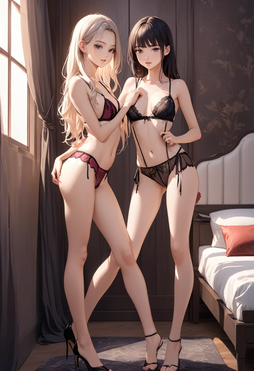 ultra-detailed, 2 sexy girls, Appearance = beautiful, Young, slim, perfect body, erotic lingerie. background = bedroom, outside = seduce, sexy, full length.