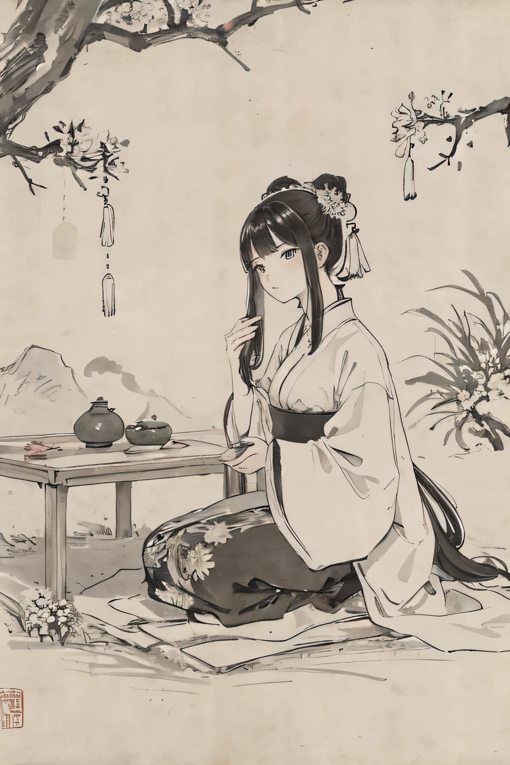 (masterpiece, best quality: 1.2), Traditional Chinese ink painting, A simple portrait landscape art painting，Depicts a slender figure，Dress simply and elegantly，Looks sad，A Chinese poet misses her husband on Double Ninth Festival。A smoking metal aromatherapy burner is placed on the table，and teacups and hip flasks，The background is a large field of chrysanthemums and green leaves。