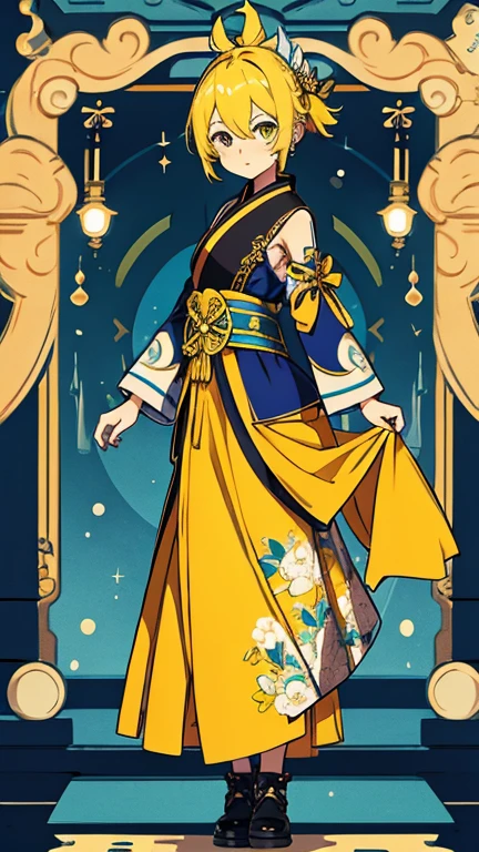 Zenitsu like character, yellow hair and eye, 18 year, genshin dress 