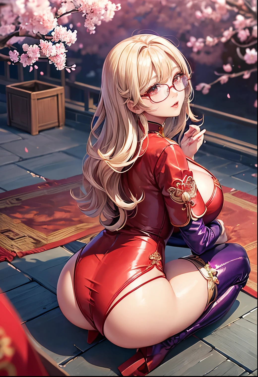 Chinese idol girl　Mature Woman　Blonde wavy hair with bangs　(Bright red rouge lips)　Super big boobs　Chubby　Plump　Super big butt　Wet ass　((Rimless glasses))　　Big eyes　SakuraFubuki　((Gorgeous super shiny purple long cheongsam))　((Knee-high boots)) garter belt　8K　Photorealistic　((Cherry tree in full bloom))　(A large amount of falling cherry blossom petals)　((Sunrise at dawn))　((Sit with your back to the camera))　((Back view of a person sitting upright))　((Turn around and make eye contact))　bedroom　Depicted from above