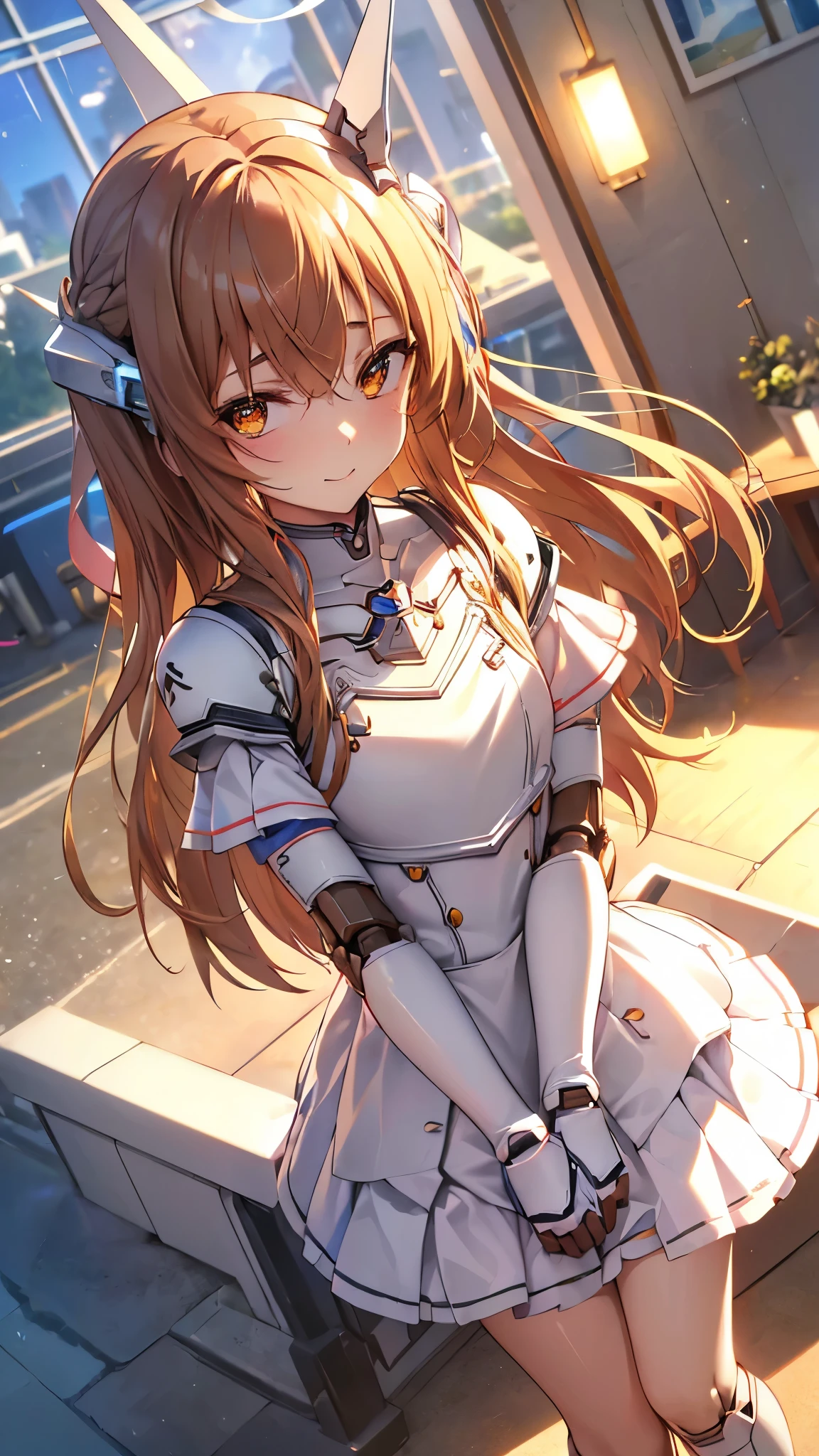 最high quality、Best image quality、masterpiece、Cheerleader((18-year-old、Arm and leg armor、Robot Joints,(barefoot),Bust 85、Brown Hair、Close to the audience、Staring at the audience、Chest energy、Spread your chest wide,Reaching out、Brown eyes、A shy smile、Tinting the Cheek))high quality、Depth of written boundary、depth、(Overexposure)、