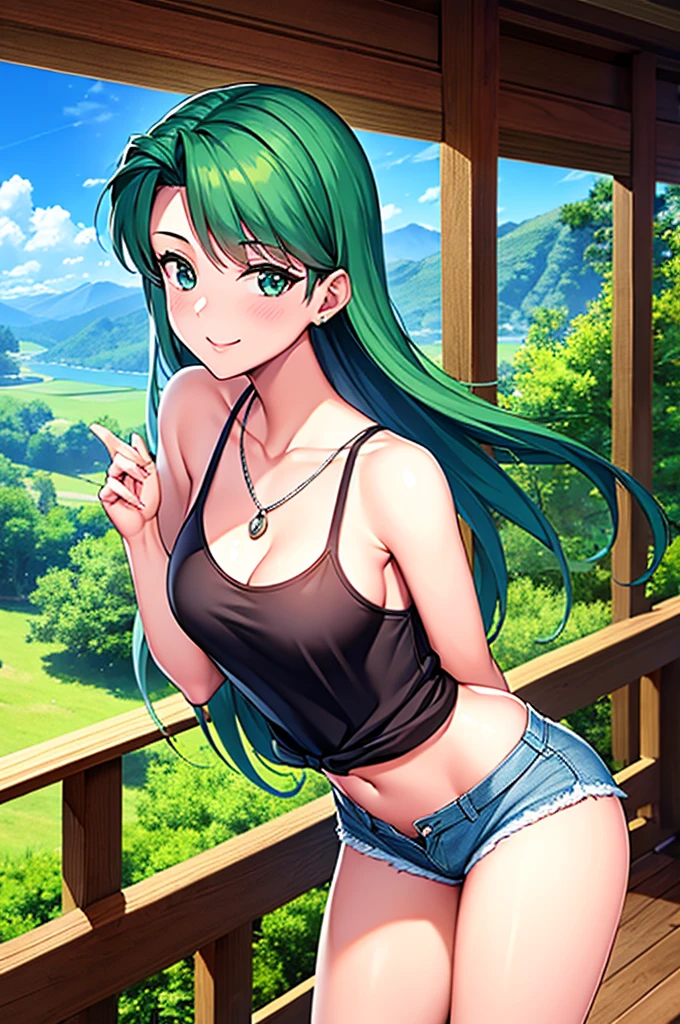 Yamashina Mizuho, masterpiece, best quality, attractive sexy mature woman in denim shorts standing on railing by lake with mountain in background, 1girl, tank-top shirt, breasts, shorts, solo, navel, jewelry, smile, black shirt, outdoors, cleavage, looking at viewer, necklace, bare shoulders, denim, thighs, front tied shirts, mountain, bangs, collarbone, day