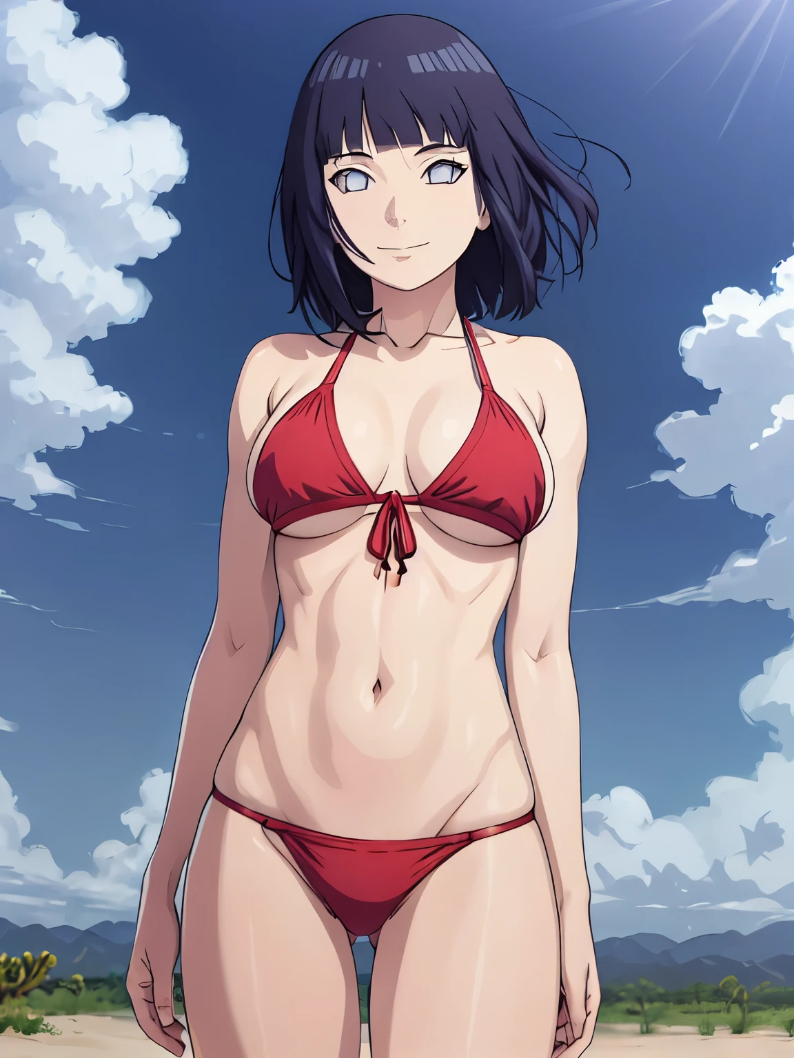 (hinata\(boruto\), (high quality, upper body view only, anime, tall woman, perfect hand anatomy, red bikini, off-shoulders, little biceps, long belly, smile), ((triceps)), ((looking at the camera)), (medium-big breasts), closed mouth), (posing for the viewer), pale skin, ((floating hair, dark blue, short hair, hime cut، loose hair), (location: anime drawn desert, windy afternoon),
