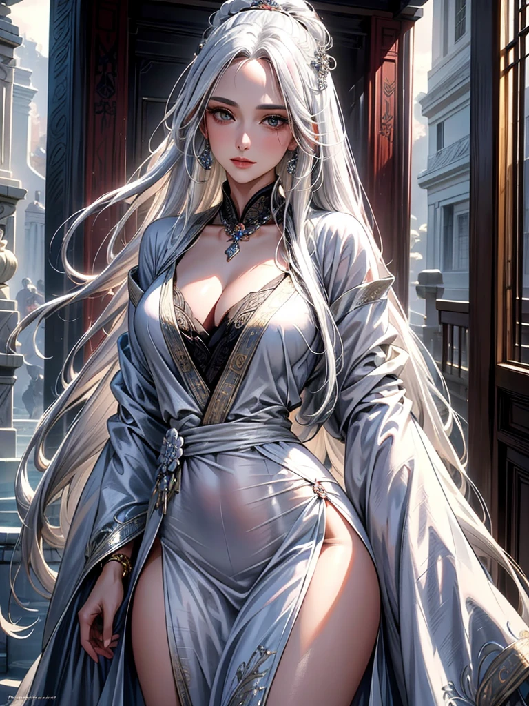 (best quality,highres,realistic:1.37),ultra-detailed,white-haired woman in a taoist robe and oversized clothes, with long flowing hair. The portrait focuses on her from the hips up, allowing the viewer to fully appreciate her striking presence. Her face is exquisitely detailed, capturing every delicate feature, including beautifully sharp eyes, a perfectly shaped nose, and lips with a subtle hint of a smile. The woman's serene expression invites the viewer to engage with her enigmatic personality.
The woman's white hair cascades down like a waterfall, adding an ethereal touch to her appearance. The intricate flowing patterns on her robe symbolize her spiritual journey and strength of character. The oversized clothes give her an air of mystery, as they subtly conceal her figure and create an intriguing contrast with her delicate features.
To complement her ensemble, the woman adorns herself with an array of jewelry, including ornate bracelets, rings, and a necklace that sparkles in the light. The jewelry serves as a testament to her refined taste and elevated status.
The portrait is rendered in high resolution, bringing out every minute detail, from the intricate patterns on her robe to the individual strands of her long hair. The realistic rendering creates a lifelike representation of the woman, with subtle shading and depth that mimic the play of light and shadow on her face.
The overall color palette is dominated by soft, muted tones, highlighting the woman's elegant presence and creating a harmonious atmosphere. The lighting is carefully crafted to accentuate the contours of her face, casting gentle shadows and adding a three-dimensional quality to the image.
This mid-journey portrait captures the essence of the woman, inviting the viewer to contemplate her story and wonder about the mysteries she carries with her.