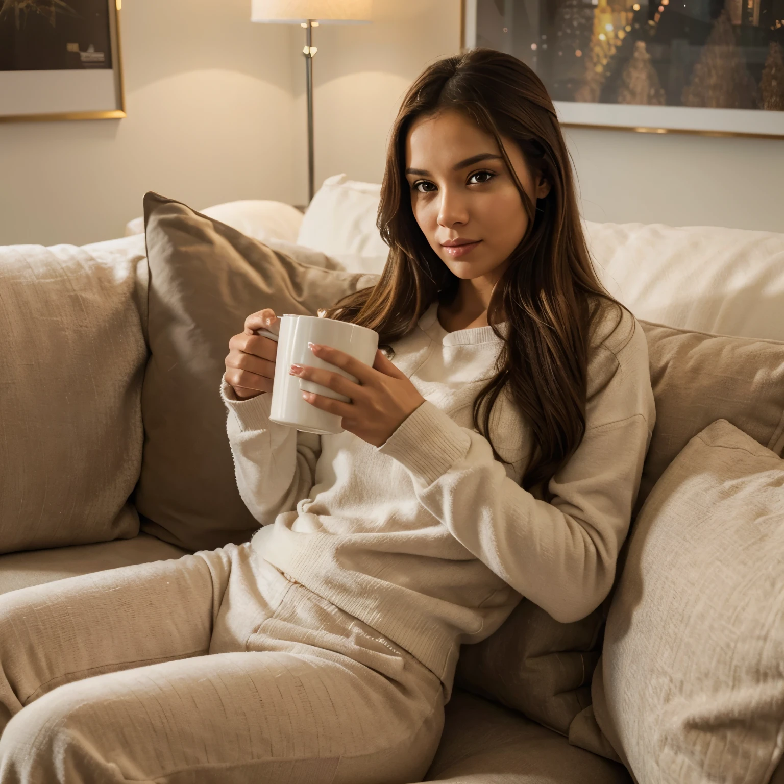 A Latin woman sitting on a sofa in a living room, wearing winter attire including pajamas and jogging pants. She is holding a cup of hot chocolate. The image should be of the best quality, with a resolution of 4k or 8k, and should have ultra-detailed and realistic features. The artwork can be created using various mediums such as illustration, oil painting, 3D rendering, or photography. The overall color tone should be warm and cozy, with soft lighting that highlights the woman's facial features.