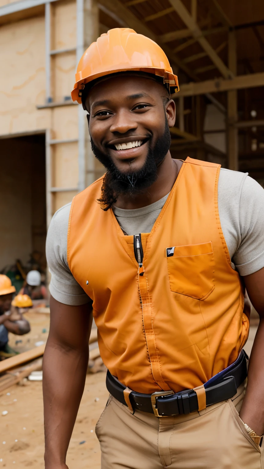 African man with beard wear orange high Vis and orange hard hat on a construction site with a smile, ultra realistic, hyper detailed