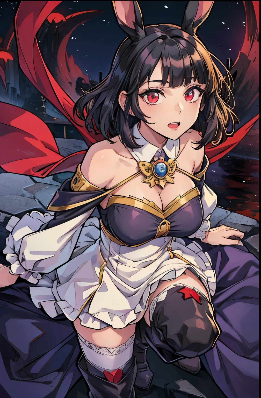 anime girl, tall, short black hair, Bangs are heavy, bunny ears, vampire, red eyes, ((best quality)), ((highly detailed)), masterpiece, absurdres, (detailed eyes, deep eyes), (1girl), cape, Outside at night when the moon shines, dress, frills, The sleeves are wide at the hem, long sleeve shirt, black tie, Stockings, boots