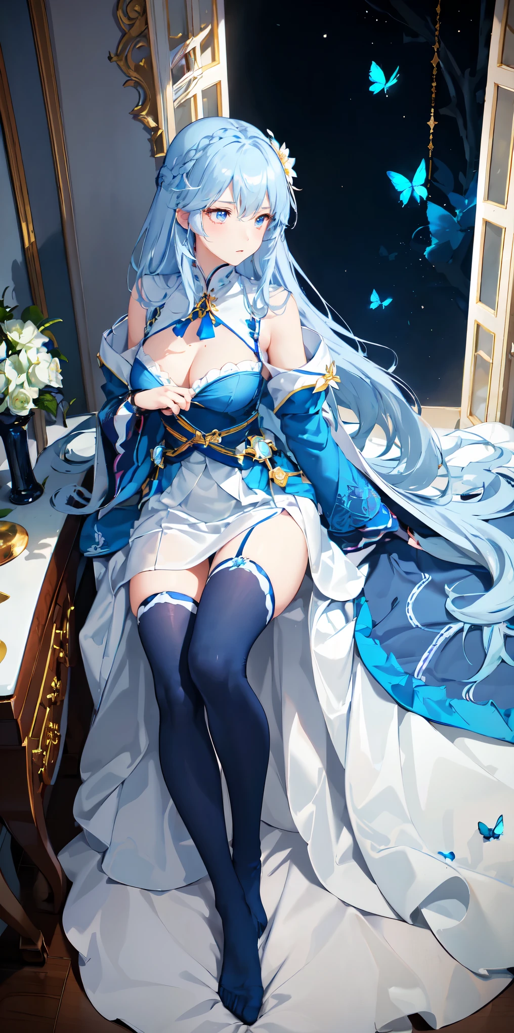 (Top view),Dynamic Angle,Super detailed, illustration, close up, straight on, 1 Girl, (fantasy:1.4), (Crimson eyes:1.233),Her eyes shone like dream stars,(Glowing eyes:1.233),(Beautiful and delicate eyes:1.1),(White hair:1.14),(Messy hair,Very long hair,French braid,Hair between the eyes,Side lock), (+(Blue hair flower:1.14)),(chiffon dress,blue flower pattern in)/=(military uniform:1.24),(Separate sleeves,Wide sleeves),(Fingerless gloves),Necklace,(Miko stockings),high-heel boots,(Expressionless,Shut up),(permanent), (Classical princess boudoir with dressing table and French windows in a white old palace),(White flowers,Bloom),(deep sea),(flowing water),(A dark blue world tree:1.14),(ruins),(night:1.2),dream,soul,(Fluorescence),(Flying translucent blue butterfly:1.15), [[slender fingers and hands:0.55]::0.85],(Details refer to),(yubao:0.5),