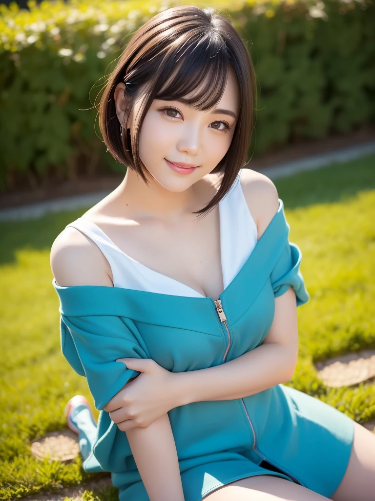 (highest quality:1.5)、(Realistic:1.5)、(1 person:1.5)、(Upper Body:1.5)、Very detailed、High resolution、8k wallpaper、、Small breasts、Natural color lips、Cute Smile、Japanese women、20-year-old girl、Beautiful and elegant face、Perfect and beautiful face、Big eyes、Brunette eyes、Beautiful and elegant face、Natural double eyelids、Natural Bangs、Beautiful thin nose、Beautiful Skin、Chestnut Hair、Medium Bob Hair、Short Hair、Natural Bangs、Perfect and beautiful face、Slim face and figure、(Looking at the camera with a cute expression)、Bright lighting、Professional Lighting、Forward lighting、Cute Smile、Summer blue sky、Grass park on the mountain、Look at the viewers、Low-angle composition、(Staring at the camera with a cute expression)、(Lighting the face)、Bright lighting、Professional Lighting、Forward lighting、Cute Smile、Beautiful clavicle、Beautiful feet:1.2、Smooth Skin、Beautiful cleavage、Floral Dresit on the grass、wariza, Put your hands on your thighs、Beautiful thighs、Sit down、Leaning forward、Shots from low angles、Girl sitting、seiza、High heels、