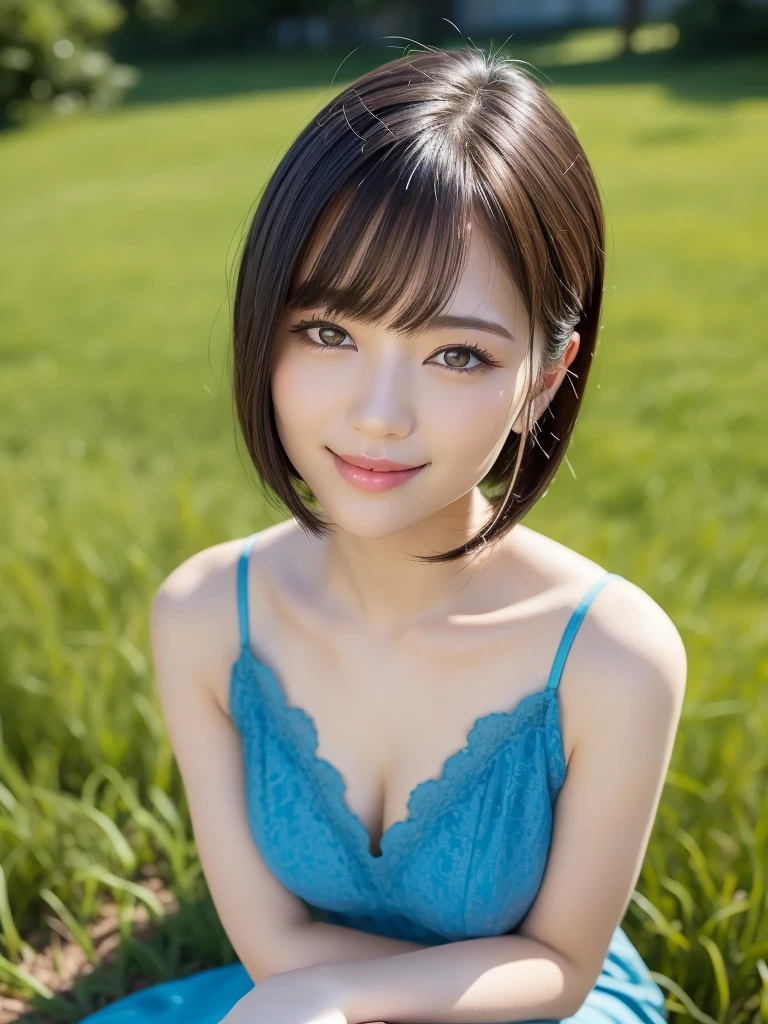 (highest quality:1.5)、(Realistic:1.5)、(1 person:1.5)、(Upper Body:1.5)、Very detailed、High resolution、8k wallpaper、、Small breasts、Natural color lips、Cute Smile、Japanese women、20-year-old girl、Beautiful and elegant face、Perfect and beautiful face、Big eyes、Brunette eyes、Beautiful and elegant face、Natural double eyelids、Natural Bangs、Beautiful thin nose、Beautiful Skin、Chestnut Hair、Medium Bob Hair、Short Hair、Natural Bangs、Perfect and beautiful face、Slim face and figure、(Looking at the camera with a cute expression)、Bright lighting、Professional Lighting、Forward lighting、Cute Smile、Summer blue sky、Grass park on the mountain、Look at the viewers、Low-angle composition、(Staring at the camera with a cute expression)、(Lighting the face)、Bright lighting、Professional Lighting、Forward lighting、Cute Smile、Beautiful clavicle、Beautiful feet:1.2、Smooth Skin、Beautiful cleavage、Floral Dresit on the grass、wariza, Put your hands on your thighs、Beautiful thighs、Sit down、Leaning forward、Shots from low angles、Girl sitting、seiza、High heels、
