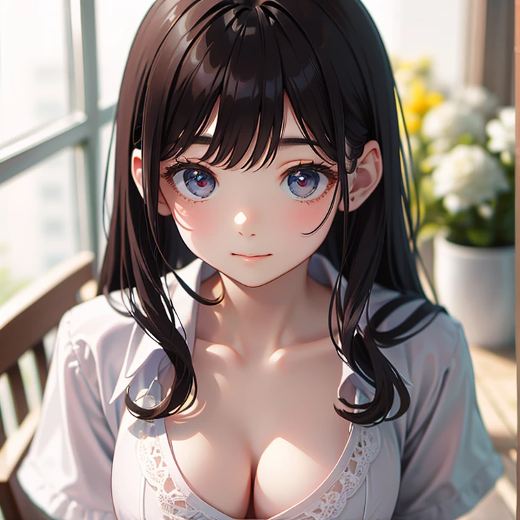 masterpiece, highest quality, One Girl, Thighs, beautiful girl, Flowers, たくさんの小さなflowerびら, flower、Small waist, RAWphotograph,Bright lighting、Face Light, Ultra-realistic, High resolution, photograph, Sharp focus, Highly detailed eyes and face,Symmetrical face, whole body、Large Breasts、Long Hair、チラリと見えるThighs、Emphasized cleavage、Her hair was tied with a big red ribbon.、White high heels、White short sleeve shirt、Brown's Best、White flared tation platform