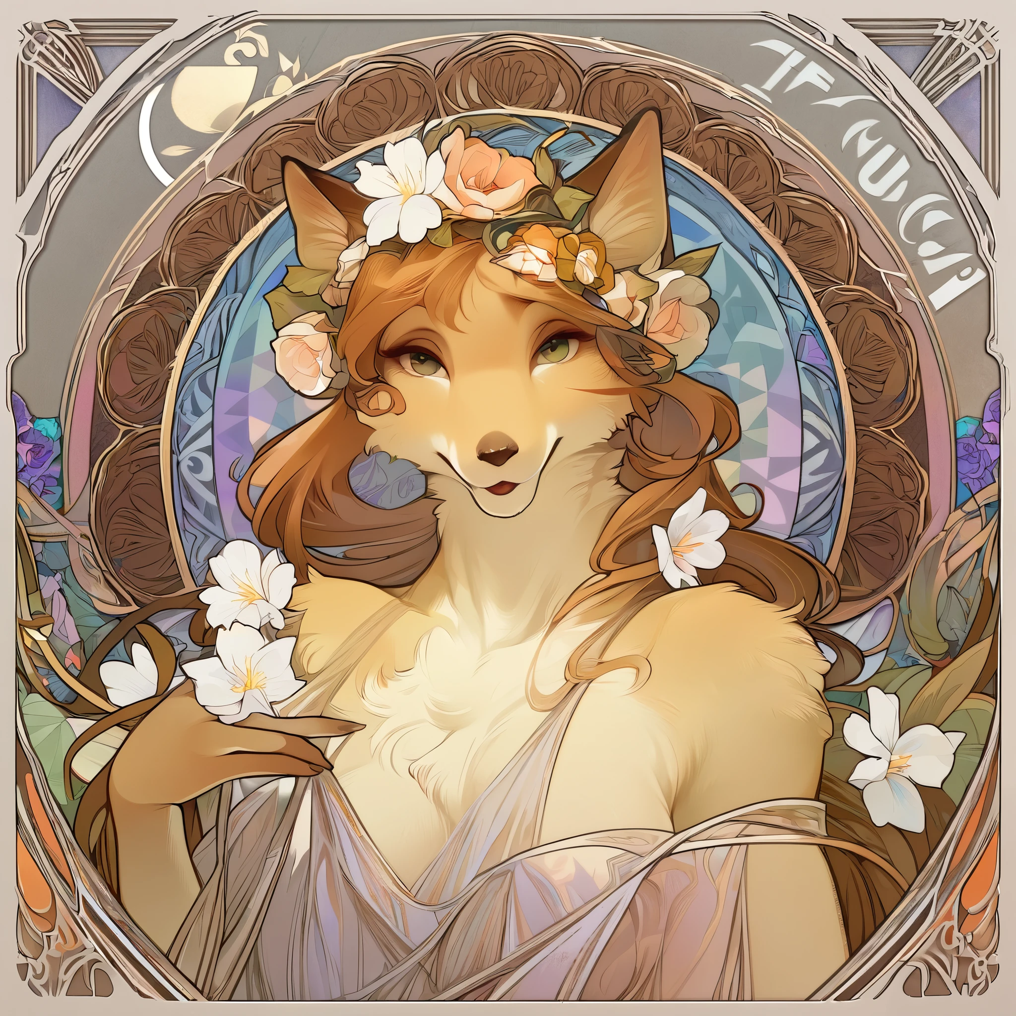 highres, top quality, best quality, paid reward available, High-quality illustrations by Alfons Mucha, unparalleled masterpiece, perfect artwork, absurdres, logo mark, stamp, Geometric pattern, vector-art, masterpiece(kemono, furry anthro)flower,