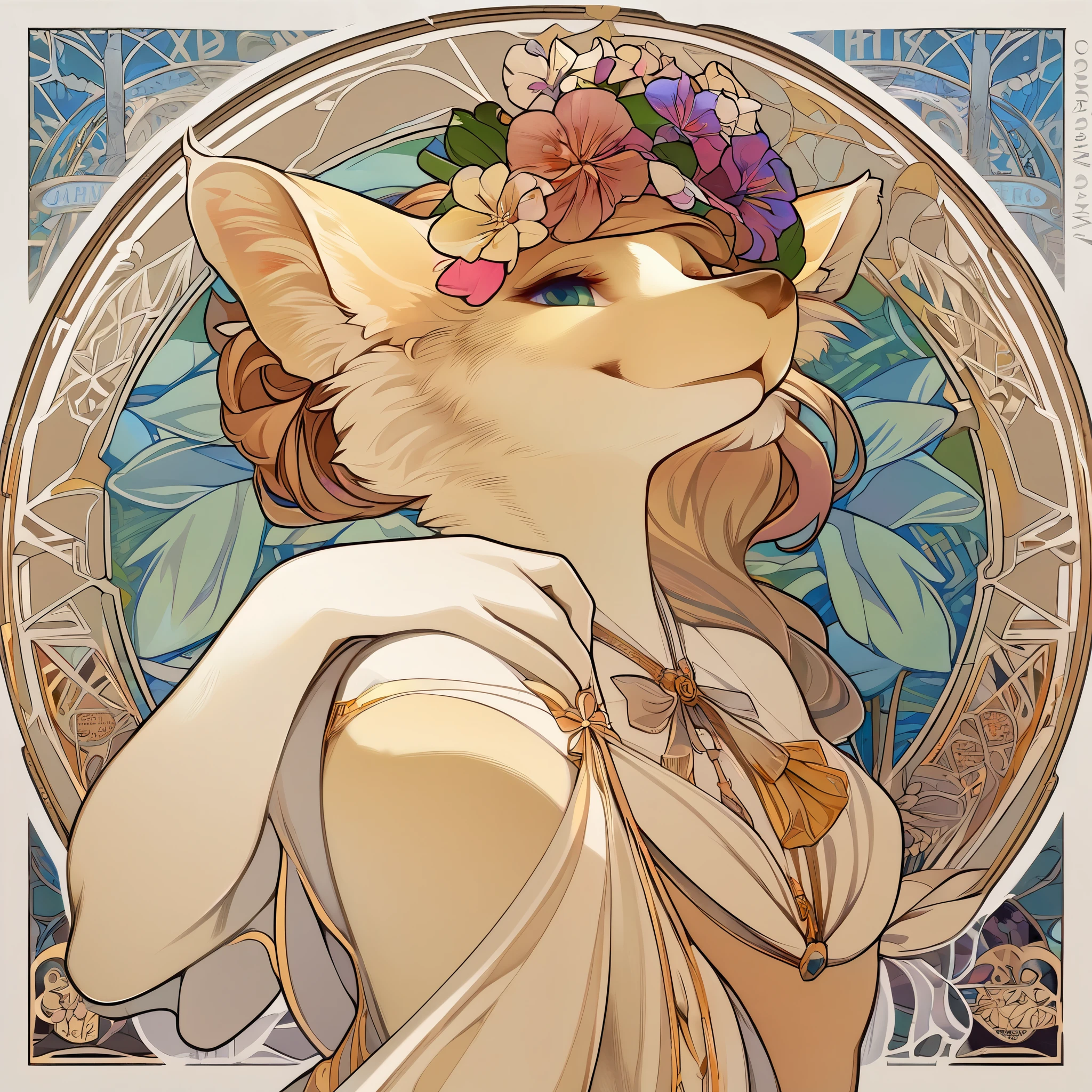 highres, top quality, best quality, paid reward available, High-quality illustrations by Alfons Mucha, unparalleled masterpiece, perfect artwork, absurdres, logo mark, stamp, Geometric pattern, vector-art, masterpiece(kemono, furry anthro)flower,