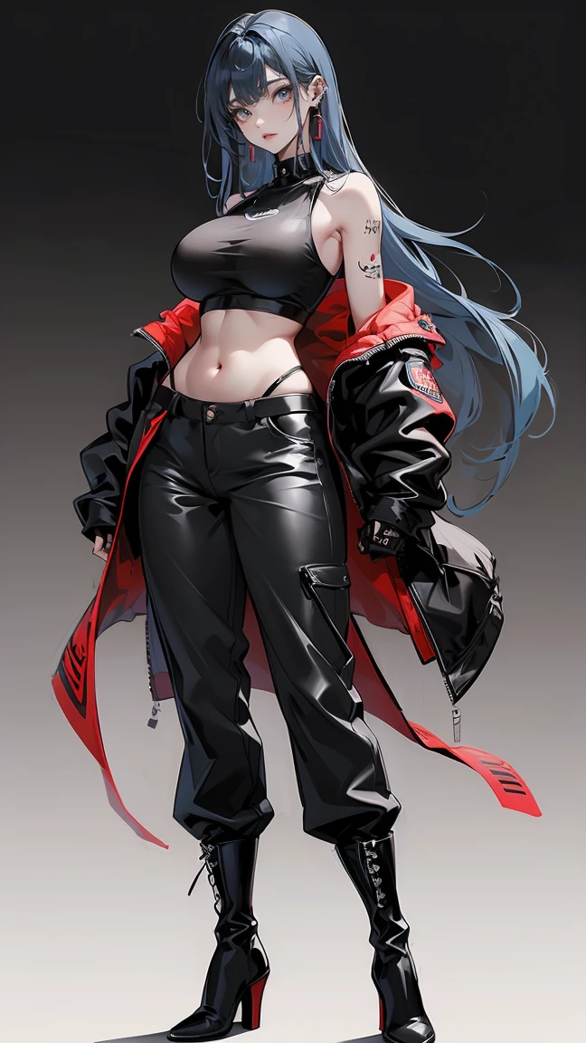highest quality、masterpiece、8k、Realistic、超High resolution、Very delicate and beautiful、High resolution、Gal、Perfect female body、Beautiful woman、Mature Woman、Bright blue hair、Straight Long Hair、Pink eyes、Drooping eyes、Six Pack、One tattoo、Earrings、Plump body、Attractive body、G-Cup、Large Breasts、Big Breasts、Big Tits、Black military uniform、Tank top、I can see your belly、Black trousers、boots、cigarette、Sexy pose、sex appeal、Full body emphasis、Put your chest close、Simple Background