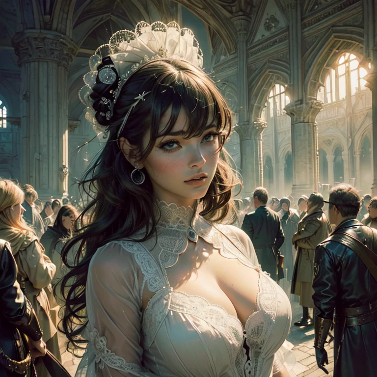artwork, Superior quality, ((((Realistic, photorealistic: 1.37))), 8k, Very delicate and beautiful, merveilleux, Art officiel avec une attention aux détails, ridicule, incredibly ridicule, huge file size, super detailed, Very detailed, (beautiful detailed girl), Very detailed eyes and face, Beautiful detailed eyes, Light on the face, NSFW, (Une fille), Regardez le spectateur, ( silhouette féminine parfaite), taille fine, (Beauté occidentale), tout le corps, gros seins, debout, abdomen, robe d'summer knit, Feminine look, romance, erotique, between breast, show breast
