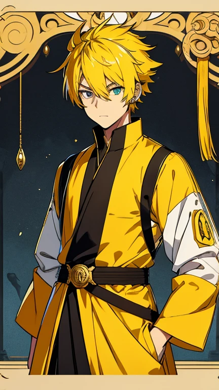 Zenitsu like character, yellow hair and eye, 18 year, male, powerful, irani dress 