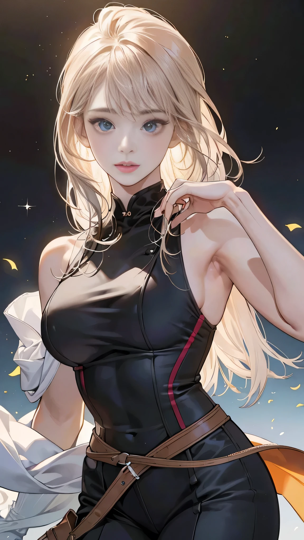 ((((masterpiece, best quality, high resolution)))), full body,Extremely detailed 8K, Beautiful girl with slender body, e-girl, (Ultra HD, Ultra-detailed, Highly detailed, Highly realistic, Ultra-realistic, photograph realistic), (1girl:1.5), (Realistic blonde hair with dark roots), wavy hair, boho bob cut,(dark makeup, pink eyeshadow), facing at camera, light smile, (white and gold outfit, see through clothes, wet skin). (space cruise)