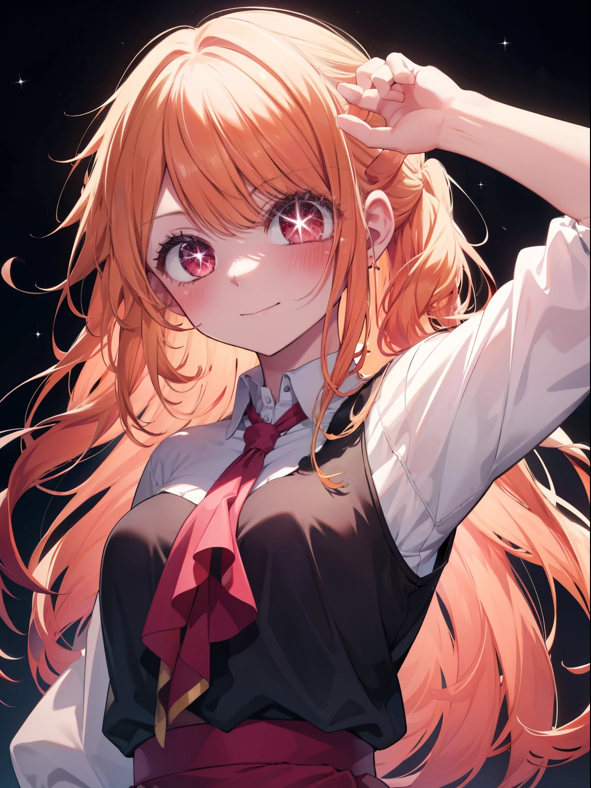 Hoshino Ruby、Good looking girl (Long blonde hair with square bangs, Big Red Eyes, One-eyed star,blush, Perfect Face), independent , looking at the camera, masterpiece, Anime art style, Cute Characters, Most detailed, high quality、Nico Nico Smile、Showing armpits