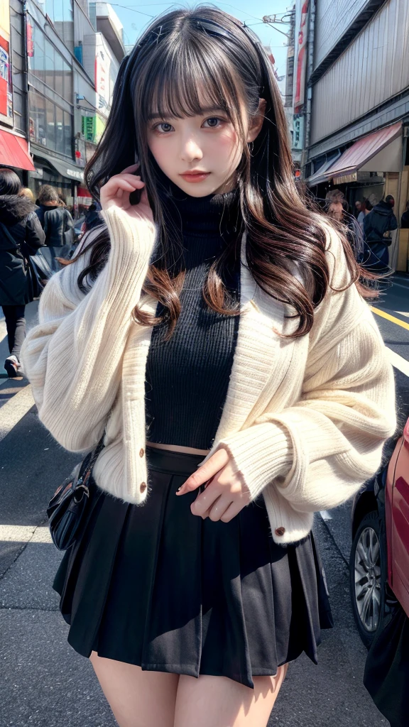 muste piece, best quality, illustration, Super detailed, fine details, High resolution, 8K,wall paper, perfect dynamic composition,(Details High quality, realistic depiction of eyes:1.3), (wavy hair:1.2), Gorgeous and stylish black fluffy latest trend Tokyo winter clothes, Pea coat, wool sweater, A-line skirt, Layered Cut, black hair color, Big Natural Color Lip, sexy pose, crying a little、cold gaze, Harajuku style、20 year old girl、cute type、lolita, hposing Gravure Idol, full body photo、focus on crotch, huge breasts