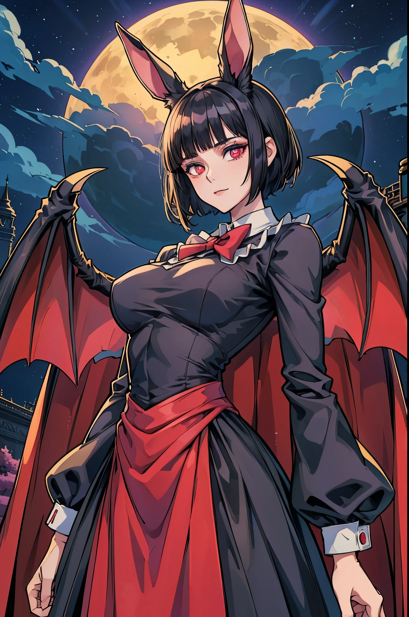 anime girl, tall, short black hair, Bangs are heavy, bunny ears, vampire, red eyes, ((best quality)), ((highly detailed)), masterpiece, absurdres, (detailed eyes, deep eyes), (1girl), cape, Outside at night when the moon shines, dress, frills, The sleeves are wide at the hem, long sleeve shirt, black tie, Stockings, boots