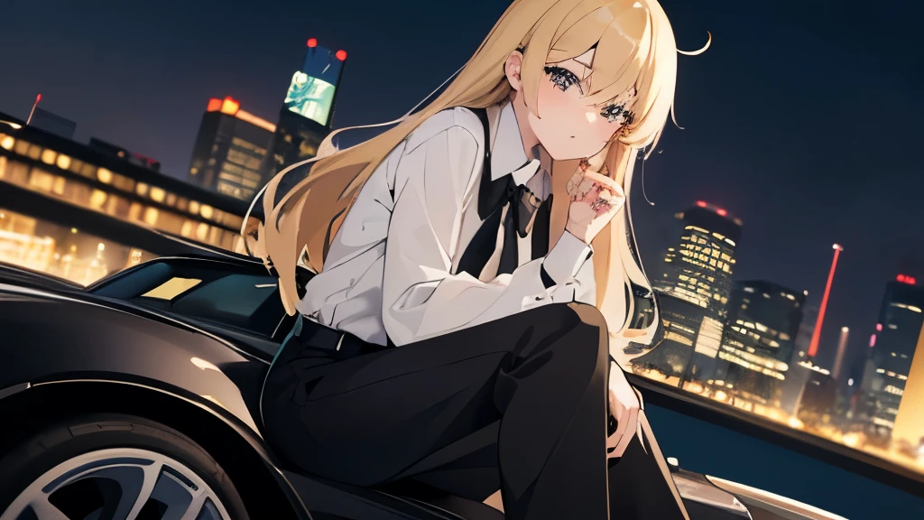 girl, blond, long hair, messy, black eyes, white shirt and black tie, black pantaloon high quality, tired, best quality, any anime art style, manga style, anime blond haired girl sitting at a car's hood, koenigsegg jesko absolut, tokyo city background, night time, 1k resolution, perfect face