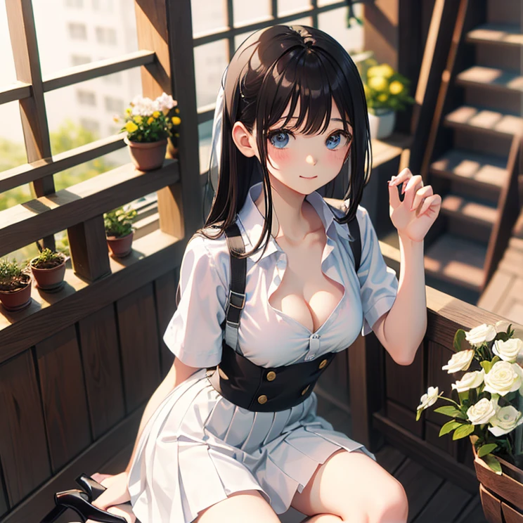 masterpiece, highest quality, One Girl, Thighs, beautiful girl, Flowers, たくさんの小さなflowerびら, flower、Small waist, RAWphotograph,Bright lighting、Face Light, Ultra-realistic, High resolution, photograph, Sharp focus, Highly detailed eyes and face,Symmetrical face, whole body、Large Breasts、Long Hair、チラリと見えるThighs、Emphasized cleavage、Her hair was tied with a big red ribbon.、White high heels、White short sleeve shirt、Brown's Best、White flared mini skirt、Climbing the transparent stairs