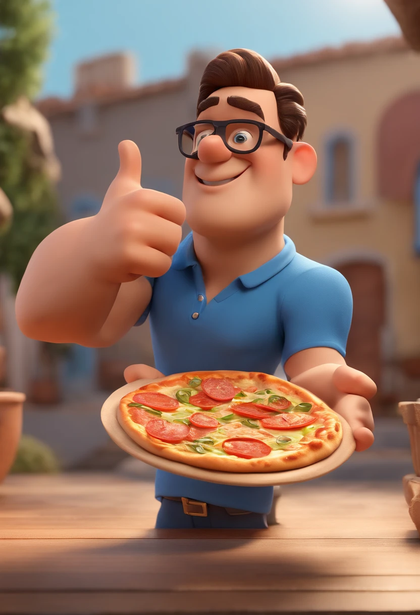 Cartoon character of a man in black glasses and strong blue shirt with one hand holding a pizza and the other flexing his biceps, avental de pizzaiolo , animation character, Caractere estilizado, animation style rendering, 3D estilizado, Arnold Maya rendering, Stylized 3D rendering, toon render screenshot, Personagem 3D, Personagem 3D, Stylized 3D rendering, 3D character rendering, personagem de desenho animado, Personagem de close up, Pose de personagem,  (Estilo Pixar) (parte mestre:1.2) (Bokeh) (melhor qualidade) (pele detalhada) (textura detalhada) (8k) (argila) (cinematic lighting) (sharp focus