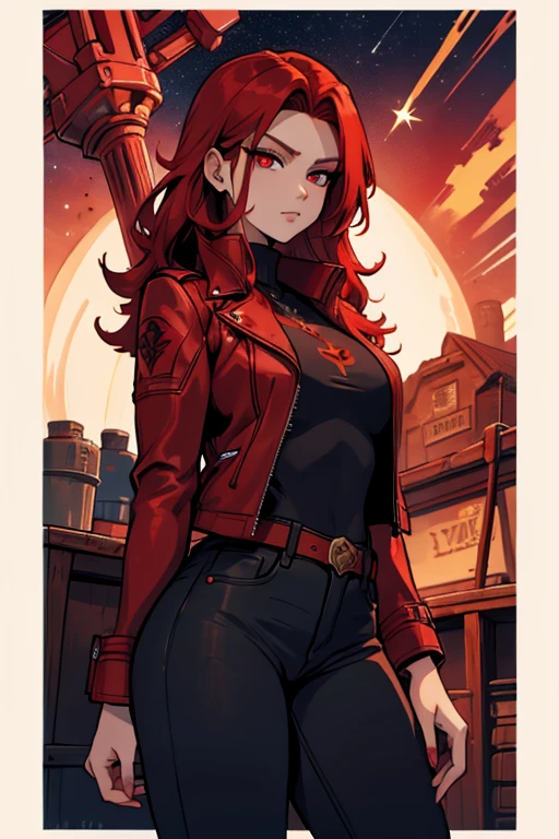 A red haired woman with red eyes with an hourglass figure in a red leather jacket and jeans is watching a shooting star
