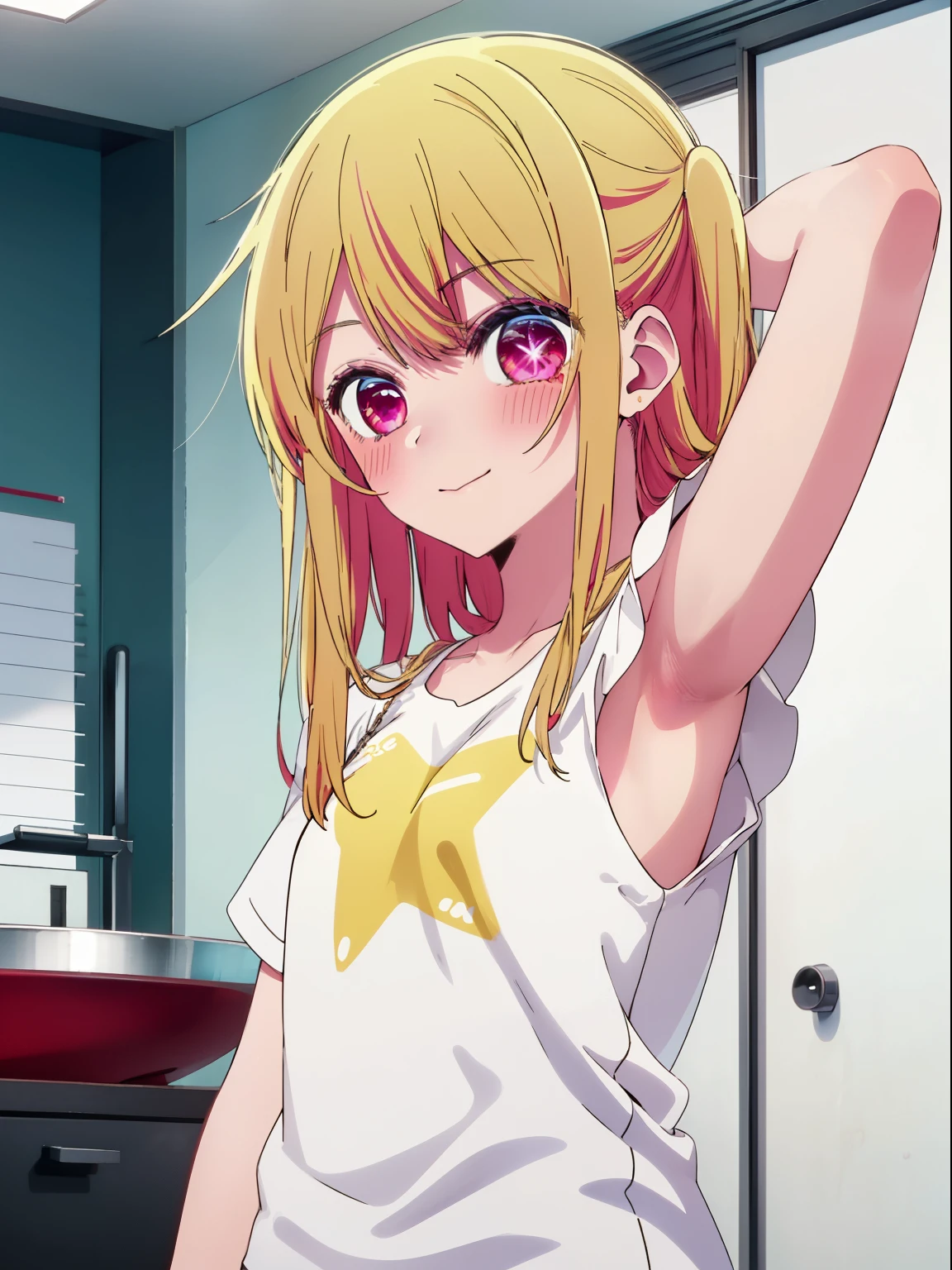 Hoshino Ruby、Good looking girl (Long blonde hair with square bangs, Big Red Eyes, One-eyed star,blush, Perfect Face), independent , looking at the camera, masterpiece, Anime art style, Cute Characters, Most detailed, high quality、Nico Nico Smile、Showing armpits