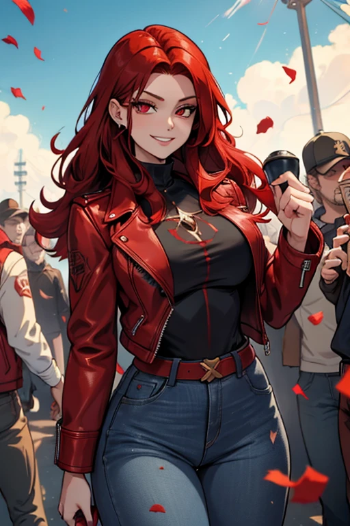 A red haired woman with red eyes with an hourglass figure in a red leather jacket and jeans is smiling in a flurry of confetti