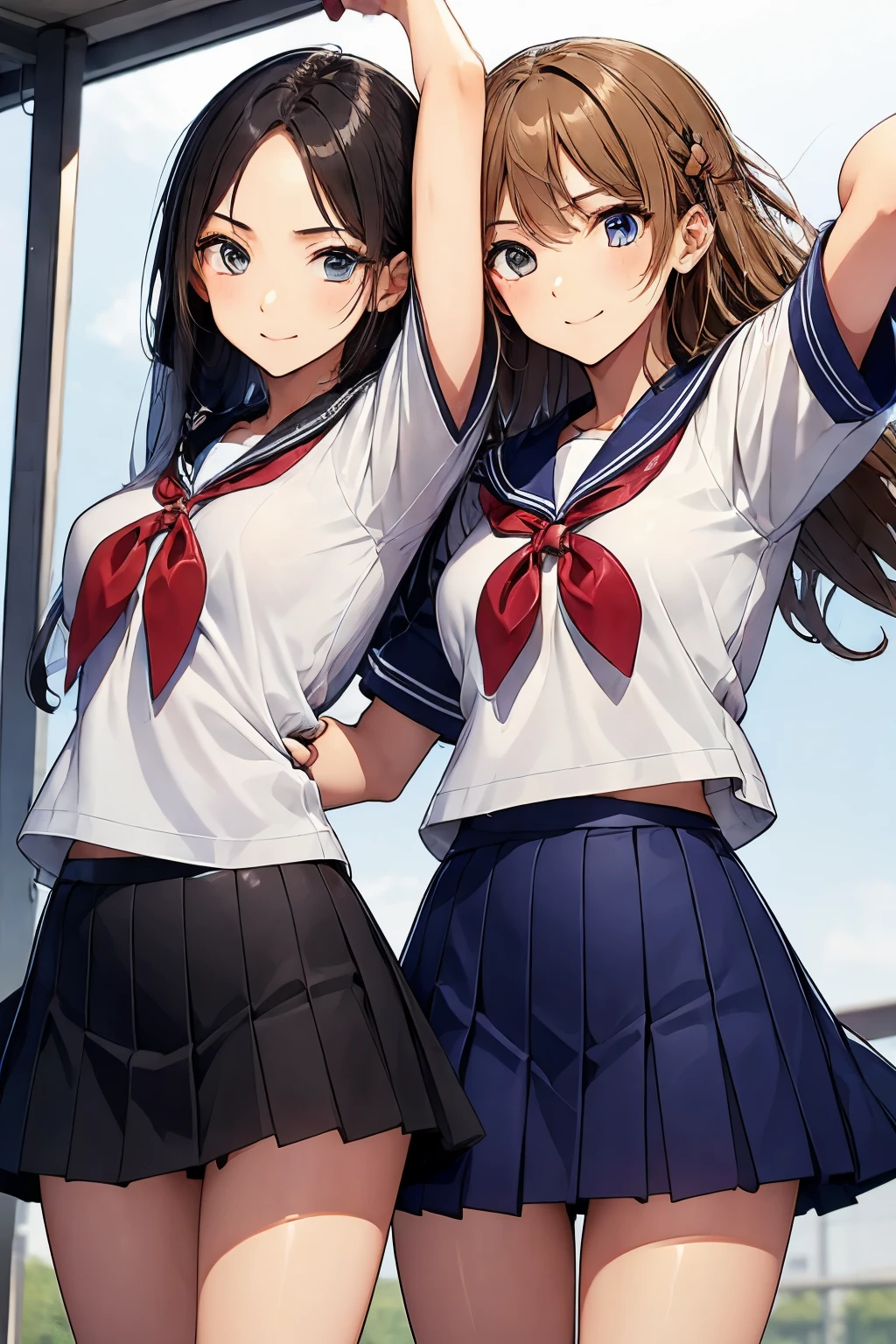 Two high school girls dancing in the schoolyard、seductive smile、There is movement
