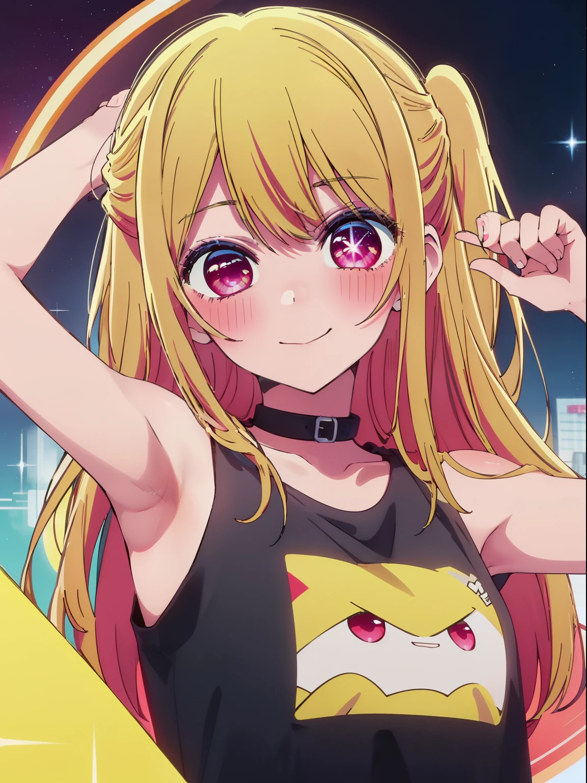 Hoshino Ruby、Good looking girl (Long blonde hair with square bangs, Big Red Eyes, One-eyed star,blush, Perfect Face), independent , looking at the camera, masterpiece, Anime art style, Cute Characters, Most detailed, high quality、Nico Nico Smile、Showing armpits、Wearing cute clothes